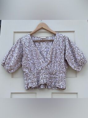 Sim & Sam Cottagecore Floral Smocked Waist V-Neck Top - Beige/White 100% Cotton